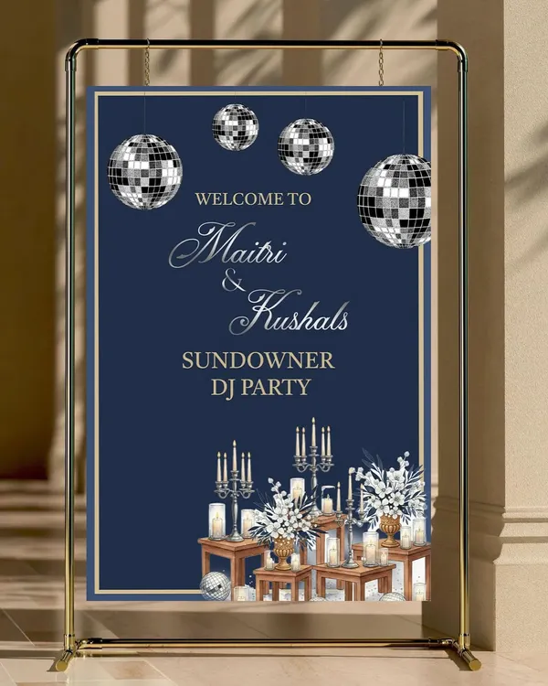 Setting the tone for celebrations with this chic sundowner-themed welcome board. The design features a navy blue background, disco balls, and elegant candle illustrations, perfect for a DJ party.