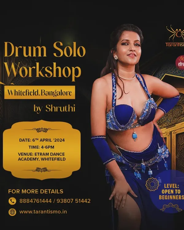 An announcement for a Drum Solo Bellydance Workshop, open to beginners. This is your opportunity to kickstart your belly dance journey with us.