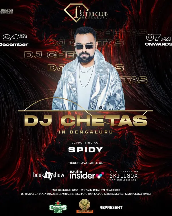 Event poster for my supporting act for the World's No. 1 Bollywood DJ, DJ Chetas, at the premium F Superclub in Bengaluru. A massive pre-Christmas bash.
