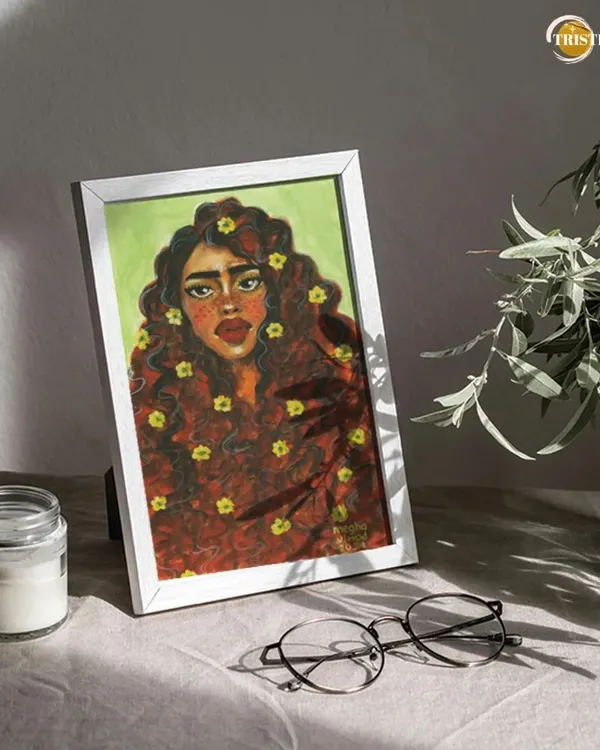 This framed portrait, created with poster colors, shows how my art can bring a touch of warmth and personality to any space. I focused on creating a gentle expression with floral elements woven into the hair.