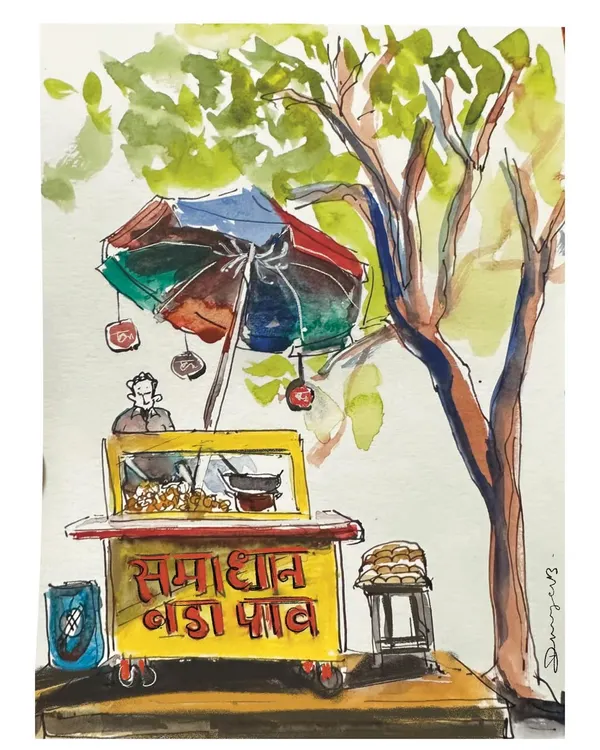 This vada pav stall has been a neighbourhood fixture for 40 years, and my watercolour sketch captures its simple, enduring charm. It’s these small, local spots that truly define the spirit of Mumbai.