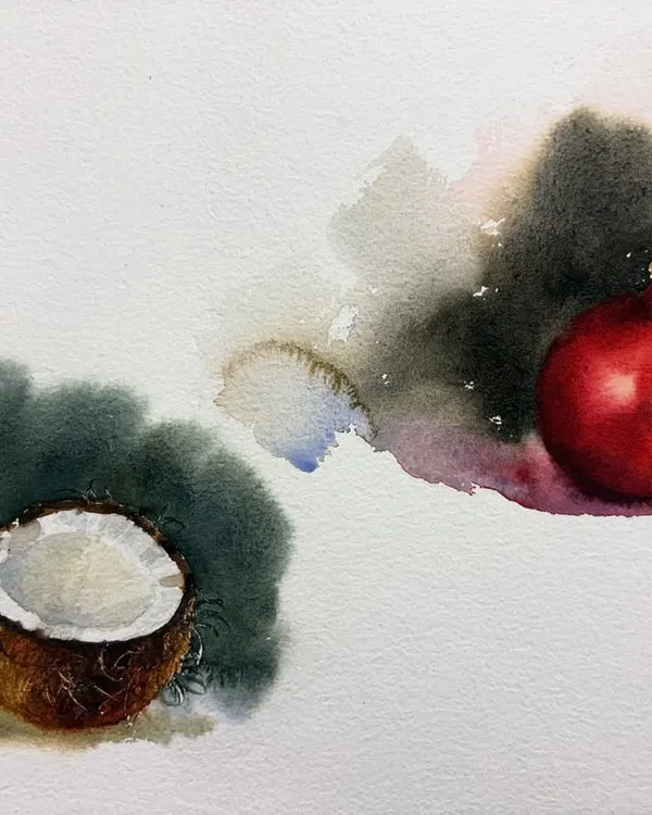 A watercolor study of a coconut and a pomegranate. This painting was an exercise in capturing contrasting textures, from the rough husk of the coconut to the smooth, shiny skin of the pomegranate.
