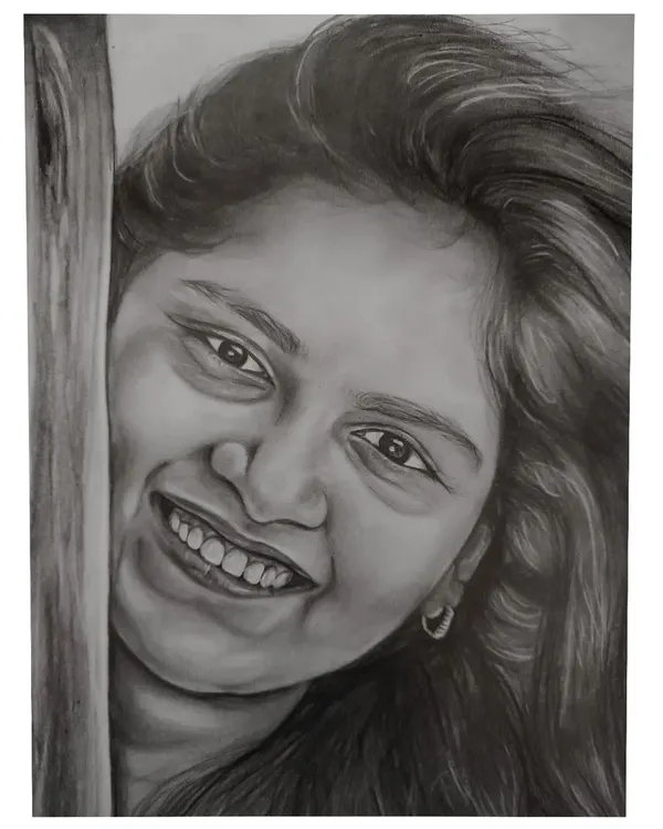 A commissioned graphite pencil sketch capturing a bright, happy smile. This is a perfect example of how a simple photograph can be turned into a cherished piece of hand-drawn art, ideal for a personal gift.