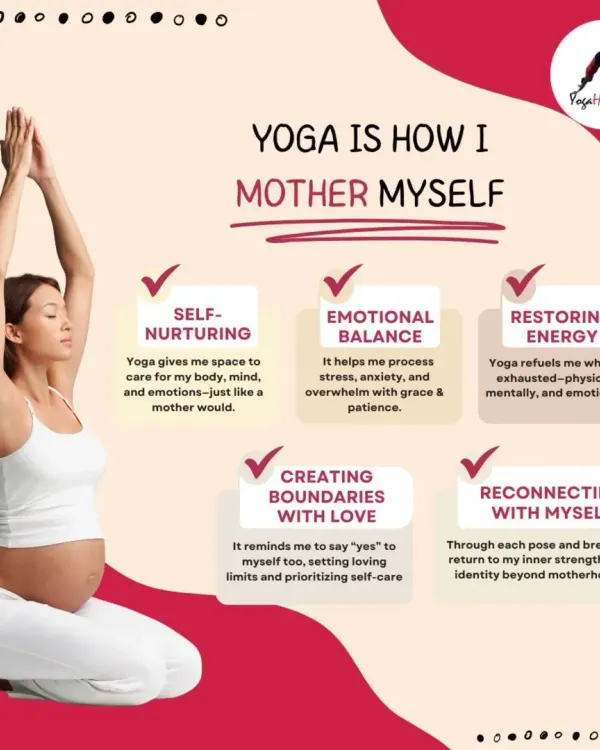 For me, yoga is a form of self-mothering. It's how I give myself space, process emotions, restore energy, and reconnect with my inner strength. This graphic illustrates the five ways my practice nurtures me.