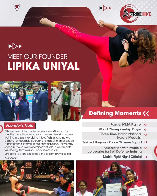 Get to know our founder, Lipika Uniyal, through this overview of her career. Her defining moments as a fighter and her experience training police squads and corporations form the backbone of our curriculum.