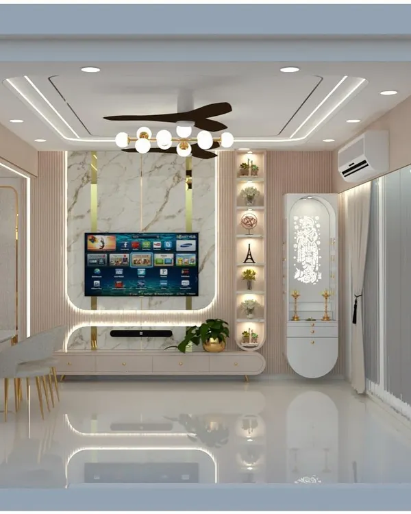 This 3D design for a Ghansoli residence shows how I plan a luxurious and cohesive living and dining space. Notice the marble-finish TV panel, integrated pooja unit, and layered lighting from the false ceiling, all designed to create a grand yet welcoming atmosphere.