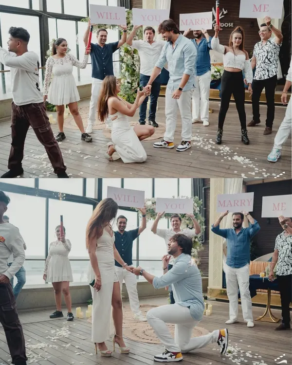 The moment she said yes. This collage captures the entire narrative of a surprise proposal, from the flash mob with "Will You Marry Me" signs to the emotional kneeling and the joyful acceptance.