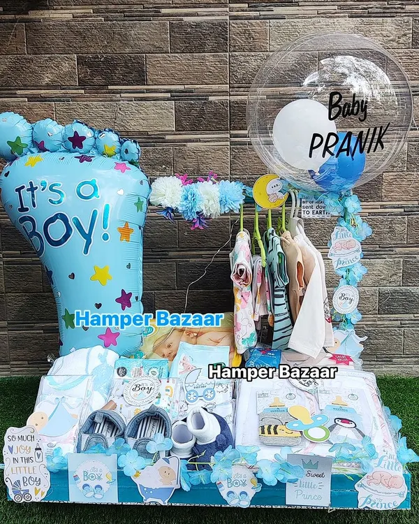 Welcome your little prince in style! We created this grand hamper for baby Pranik's arrival, complete with a personalized balloon and a full set of newborn essentials. It shows how we can turn a simple announcement into a huge celebration.