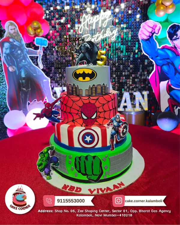 A four-tier superhero masterpiece for a big birthday bash. This cake features Batman, Spiderman, Captain America, and the Hulk, making it the ultimate treat for any young Marvel or DC fan.