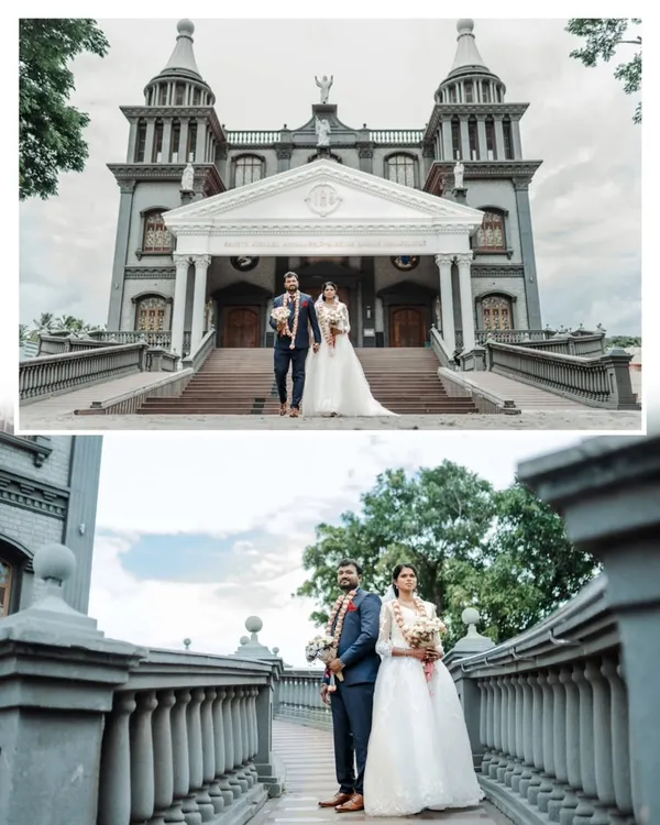 A collage of a Christian wedding, showing the couple on the steps of a grand church, capturing the scale and beauty of their wedding venue.