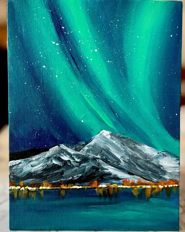 A stunning Northern Lights painting created in one of our workshops. You'll learn blending techniques to capture the magical glow of the aurora on canvas.