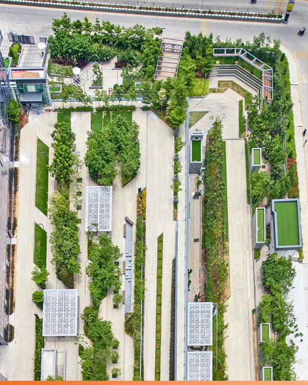 This aerial view of KRC Commerzone in Hyderabad encapsulates our approach to large-scale landscape architecture. We design active, democratic spaces that are not just visually appealing but are engineered to foster community, integrating green corridors, recreational zones, and pedestrian pathways into a cohesive, living ecosystem.