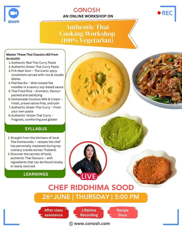 My Authentic Thai Cooking Workshop is 100% vegetarian and teaches you to make classics from scratch. Learn to create red, green, and yellow Thai curry pastes, Pad See Ew, and Thai Fried Rice.