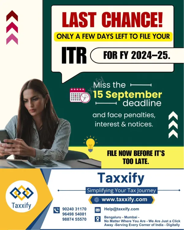 The deadline for filing your Income Tax Return for FY 2024-25 is fast approaching. Missing the September 15th cutoff can result in penalties, interest payments, and unwanted notices from the tax department. I can help you file correctly and on time to avoid these issues.