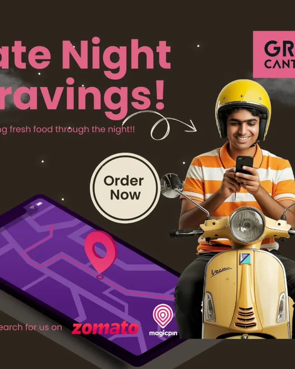 This graphic highlights my late-night delivery service. It shows a delivery person on a scooter, emphasizing that I deliver fresh food through the night, especially for those midnight cravings.