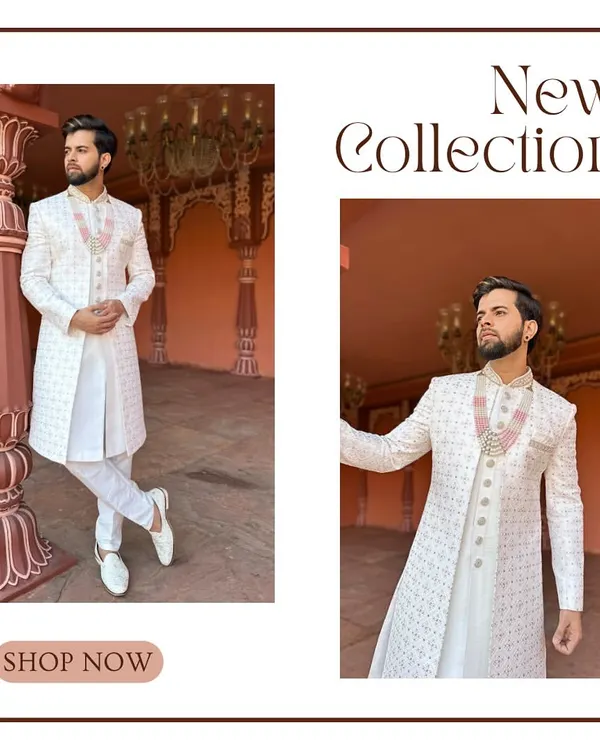 A glimpse into our new collection of white sherwanis for grooms. This piece features delicate embroidery and can be styled with a pearl necklace for a royal wedding look.