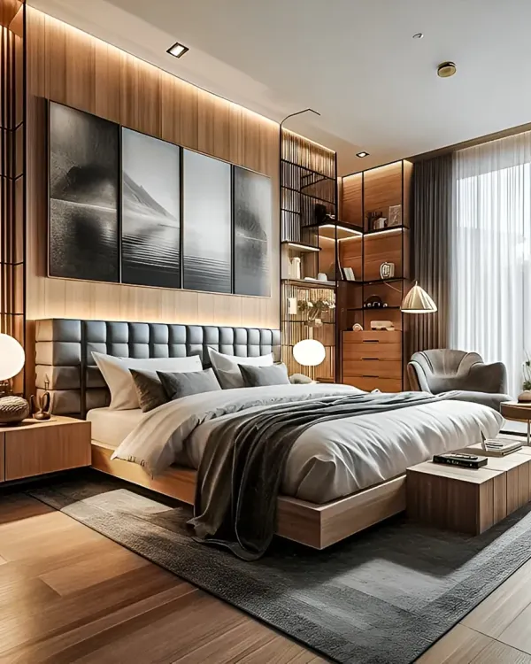 We design master bedrooms that serve as a personal retreat. This space combines warm wood paneling, layered ambient lighting, and a plush upholstered headboard to create a luxurious yet comfortable atmosphere.