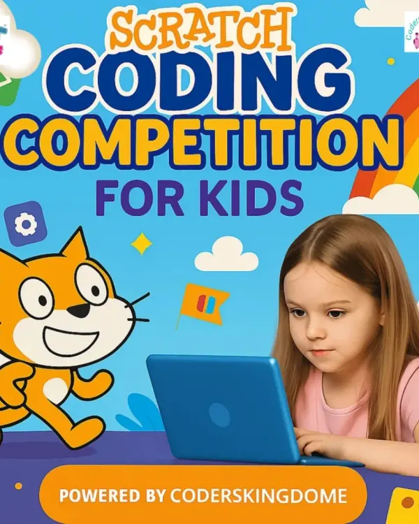 This is our global online Scratch Coding Competition, designed for kids aged 6 to 15. The colorful graphic shows a young girl learning to code on her laptop with the Scratch mascot, illustrating how we make learning to code a fun and accessible experience.