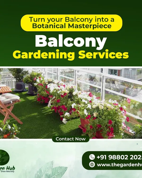 Let us turn your balcony into a botanical masterpiece. This space uses artificial grass and vibrant flowering plants in railing pots to create a stunning view and a pleasant seating area.