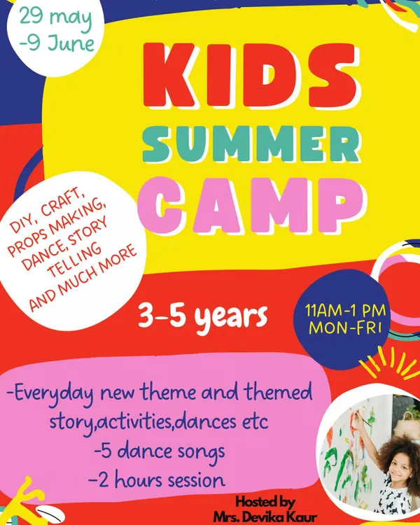 Get ready for our next Kids Summer Camp. This poster highlights our daily themes, dance songs, and two-hour sessions packed with activities. It's the perfect way to keep your 3 to 5-year-olds engaged and happy.