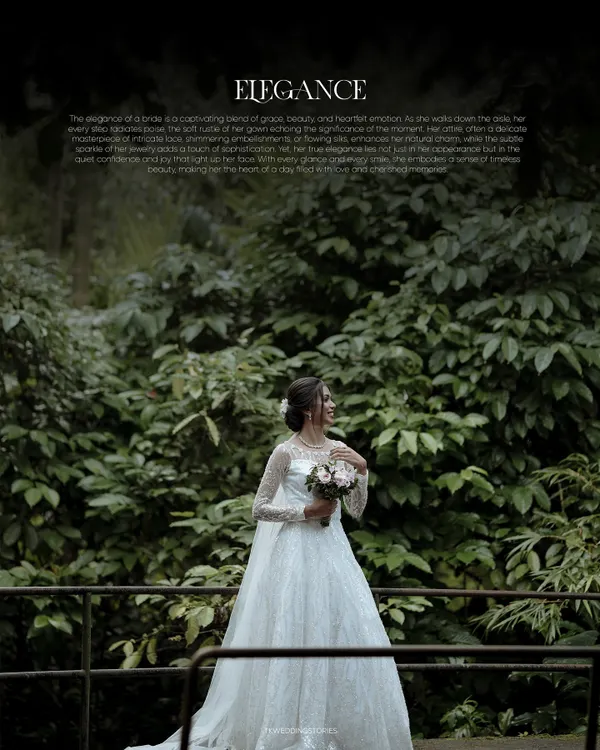 A breathtaking wide shot of a Christian bride in her elegant white gown, standing on a balcony surrounded by lush greenery. A perfect bridal portrait.