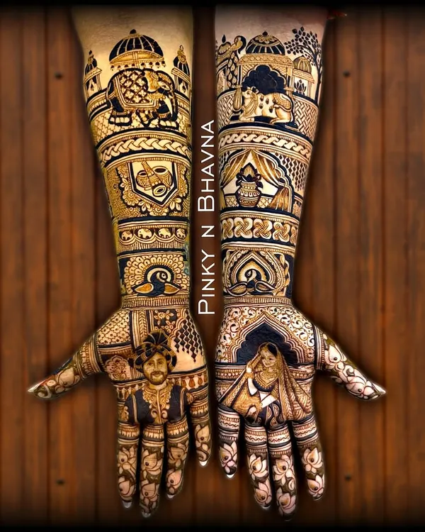 This is what a full bridal mehndi dream looks like. We've woven together traditional motifs, including majestic elephants and intricate architecture, with personalized portraits of the bride and groom to tell their unique love story. Every line is drawn with care using my all natural henna paste.