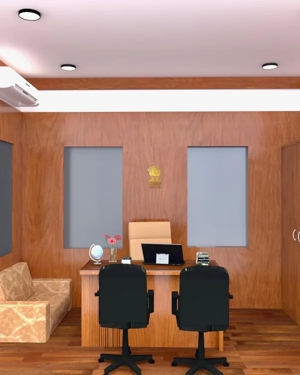 A 3D render of a government office cabin for the Vidhana Soudha building. The design uses classic wood paneling and functional furniture to create a formal and dignified workspace.