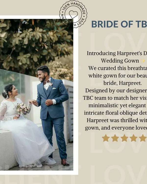 This is what it's all about: turning dreams into reality! I designed this breathtaking white wedding gown for my beautiful bride, Harpreet. We created a look that was minimalistic yet elegant, with delicate floral details to match her vision perfectly.