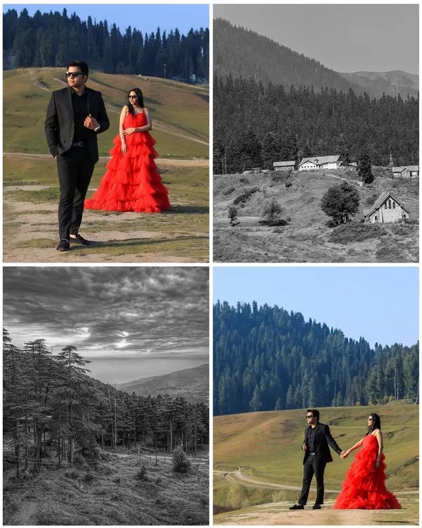 A collage capturing the grandeur of a Kashmir pre-wedding shoot. The contrast of the vibrant red gown against the sweeping landscapes, both in color and monochrome, highlights the dramatic and romantic potential of this paradise on earth.