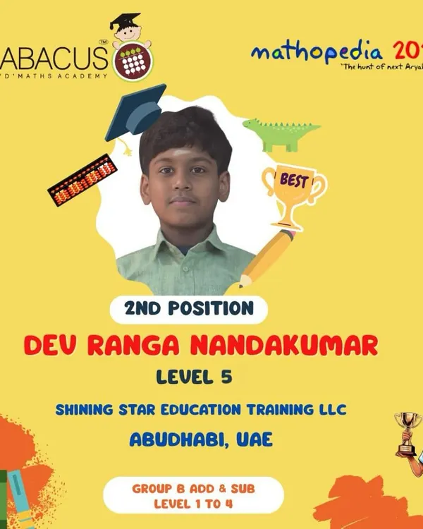 Congratulations to Dev Ranga Nandakumar from Abu Dhabi for securing the 2nd position in the Mathopedia 2025 competition. A fantastic achievement!