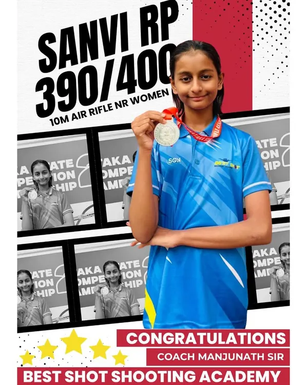 Congratulations to Sanvi RP for her fantastic score of 390/400 and winning a medal in the 10M Air Rifle NR Women event at the 13th Karnataka State Shooting Competition.