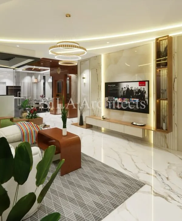 A 3D render of a luxurious open-plan living area. This design features marble flooring, ambient cove lighting, and a sophisticated TV unit, creating a space that is both grand and welcoming for family and guests.