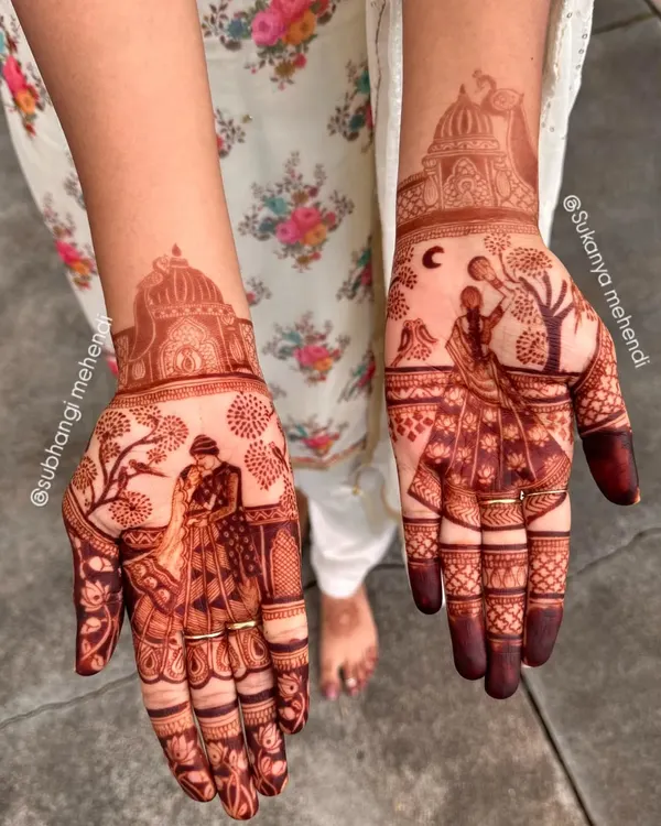 My signature Karvachauth storytelling mehendi. This design shows a woman looking at the moon and her partner, all drawn with incredible detail.