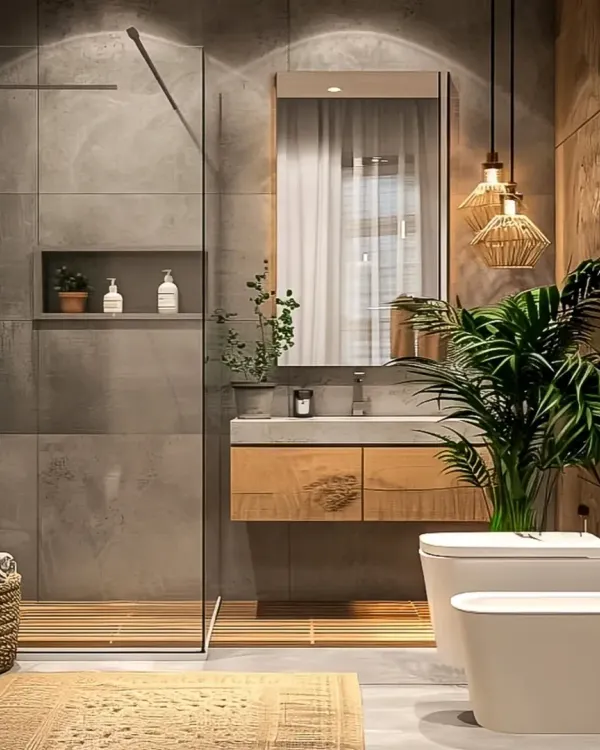 A serene bathroom featuring concrete-finish tiles, a floating wood vanity, and lush plants to create a natural, spa-like feel.