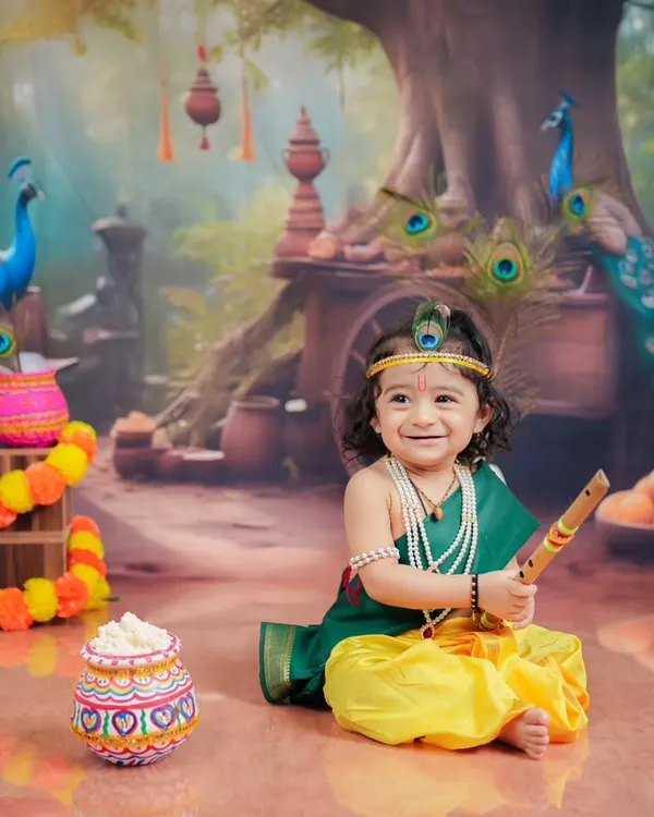 This is the single most important visual. A vibrant, joyful, and culturally significant photo of a baby as Bal Krishna. It perfectly encapsulates the provider's unique blend of high-quality photography and traditional themes.