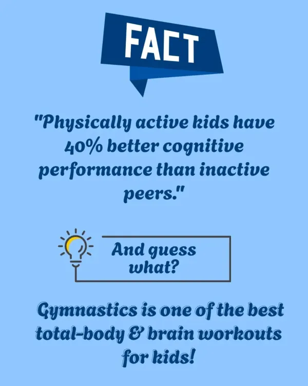 Fact: Physically active kids have 40% better cognitive performance. We believe gymnastics is one of the best total-body and brain workouts for children.