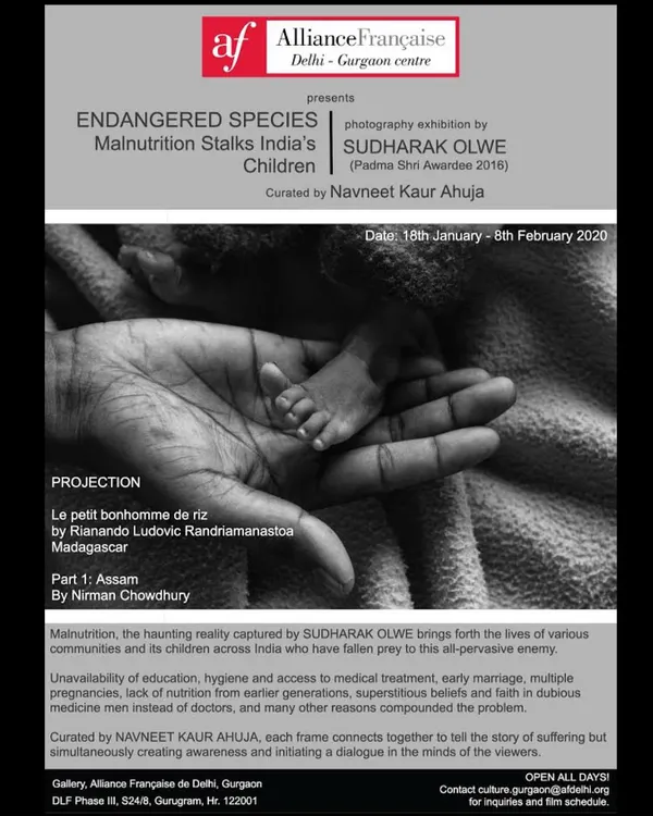 We believe art can drive conversation and change. This poster features a powerful image from our exhibition "Endangered Species" by Padma Shri awardee Sudharak Olwe, which explored the critical issue of child malnutrition in India.