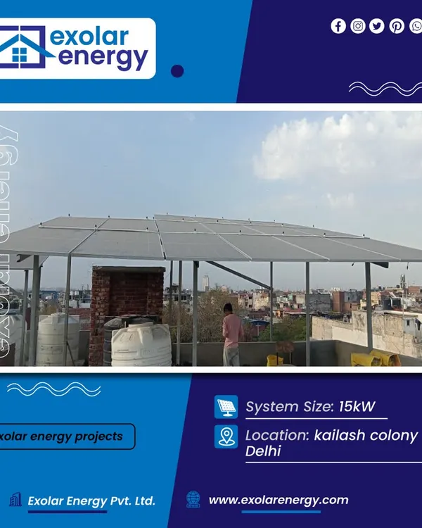 This 15kW system in Kailash Colony, Delhi, is a powerful example of a large-scale residential installation. It is designed to cover significant energy needs while maximizing the available rooftop space.
