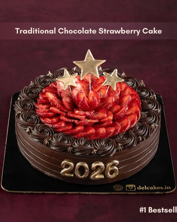 Our number one bestseller for the New Year, the Traditional Chocolate Strawberry Cake. It's decorated with fresh strawberries, gold star toppers, and the year '2026' to ring in the celebrations.