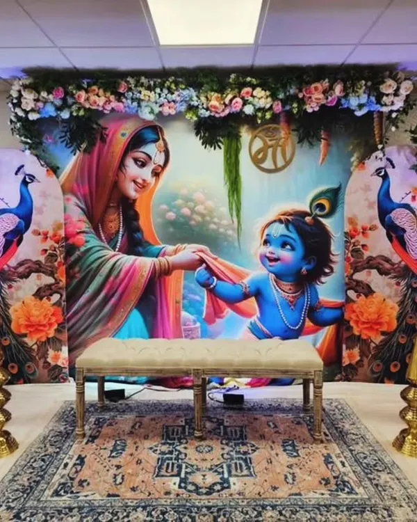 I love bringing divine themes to life for your special day. This grand baby shower setup features custom printed backdrops of Yashoda and Krishna, framed with beautiful floral arrangements to create a truly blessed atmosphere for the mom-to-be. ✨