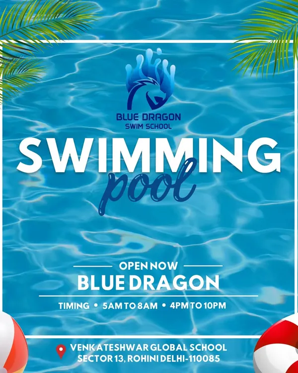 Our pool is open and ready for you. This inviting image of clear blue water, complete with a beach ball and lifebuoy, lists our operating hours for both morning and evening sessions.