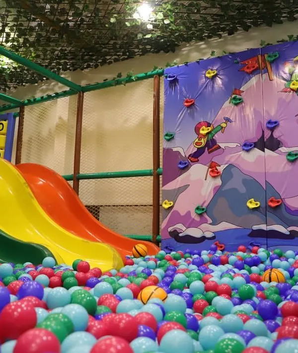 Our main attraction features three colorful slides that plunge right into a massive ball pit. Next to it, our cartoon-themed climbing wall offers another exciting challenge for kids.