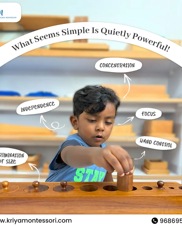 Here, a child is deeply engaged with the Cylinder Blocks, a foundational Montessori material. This activity, which seems simple, is quietly powerful in developing concentration, hand control, and the ability to discriminate between different sizes, laying the groundwork for future mathematical understanding.