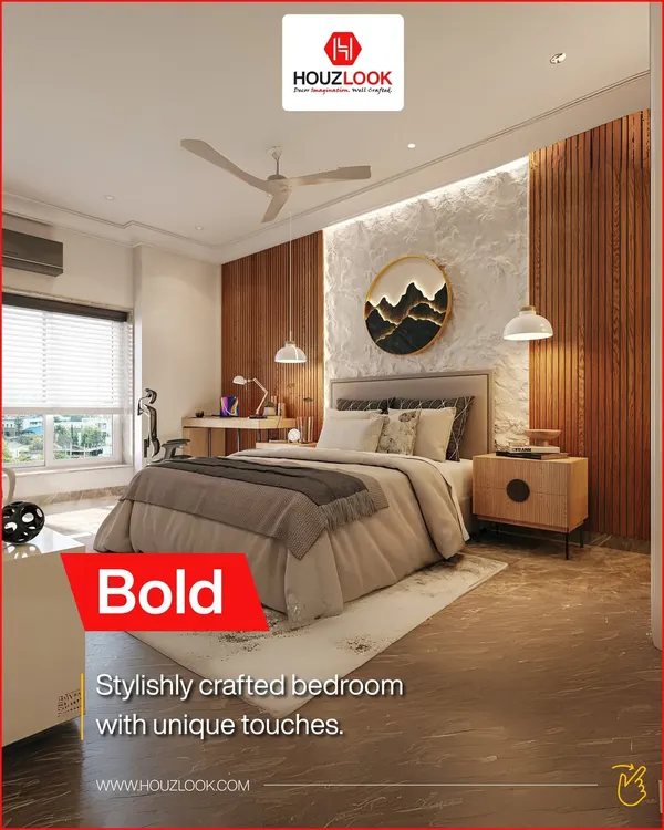 A bold and stylishly crafted bedroom with unique touches. The textured accent wall behind the bed, combined with warm wood paneling and modern pendant lights, creates a sophisticated and inviting atmosphere.