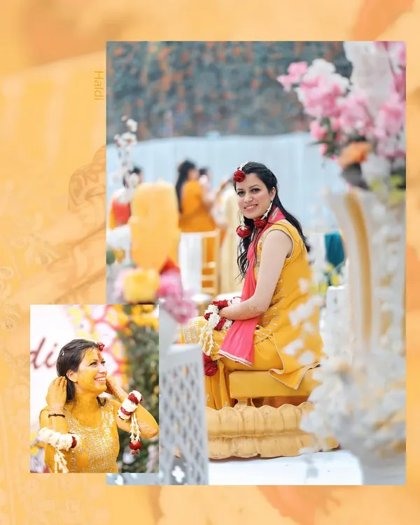A bright and happy album layout from a Haldi ceremony. The main photo shows the bride smiling, adorned with floral jewelry, while a smaller inset captures a candid moment of her laughing as turmeric is applied.