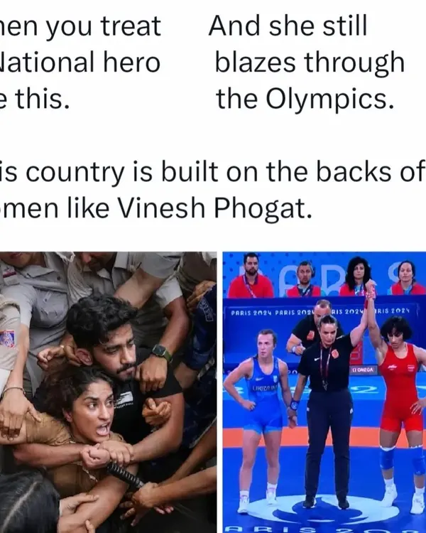 Celebrating the incredible resilience of wrestler Vinesh Phogat. Her victory at the Olympics after facing immense hardship is a testament to the power of Indian women who build this nation.