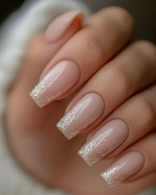 A clean, elegant look is always in style. I created this beautiful set using a nude gel base and a delicate silver glitter fade for a touch of sparkle.