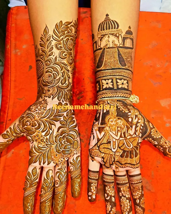 A beautiful example of how we can do two different styles for your big day. On one hand, there is a lovely portrait of Radha and Krishna on a jhula, and on the other, a full, dense floral pattern. This kind of bridal mehandi shows we can mix and match to tell your unique story.