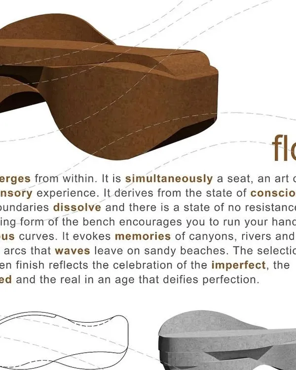 This is the concept for the 'Flow' bench, an object that is simultaneously a seat, a piece of art, and a sensory experience. Its curving form evokes memories of canyons, rivers, and waves on a sandy beach.