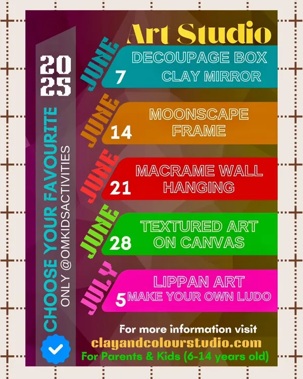 Here is our exciting lineup of parent-child art workshops for the summer. From a Decoupage Box in June to Lippan Art in July, each week offers a new creative adventure for kids aged 6-14.